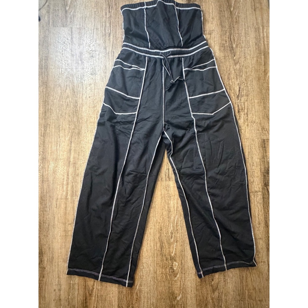 Black Contrast Stitch Strapless Wide Leg Jumpsuit Size M Smocked Drawstring